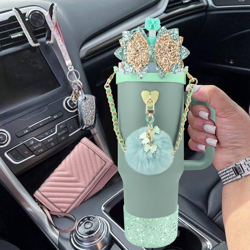 SEMATA Bling Accessories for Stanley Cup 40oz & 30oz Tumbler Including Silicone Cute Bow Straw Topper Cover, Silicone Boot for Stanley Cup,Leather Water Bottle Handle Strap, Charms(Shale) - Image 5